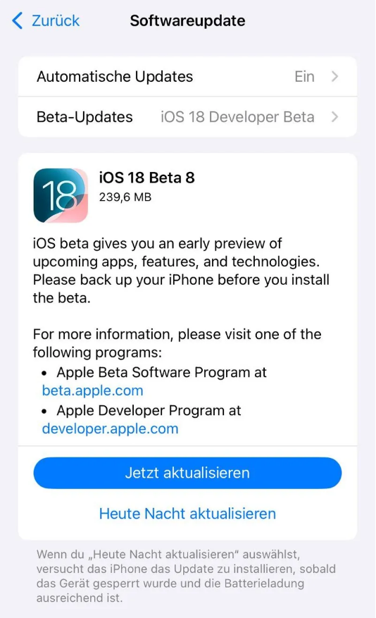 双鸭山苹果手机维修分享苹果 iOS / iPadOS 18 开发者预览版 Beta 8 发布 